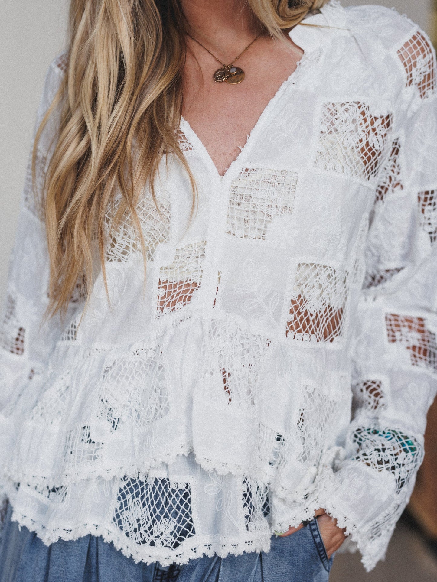 Eyelet Garden Bell Sleeve Blouse - Cream