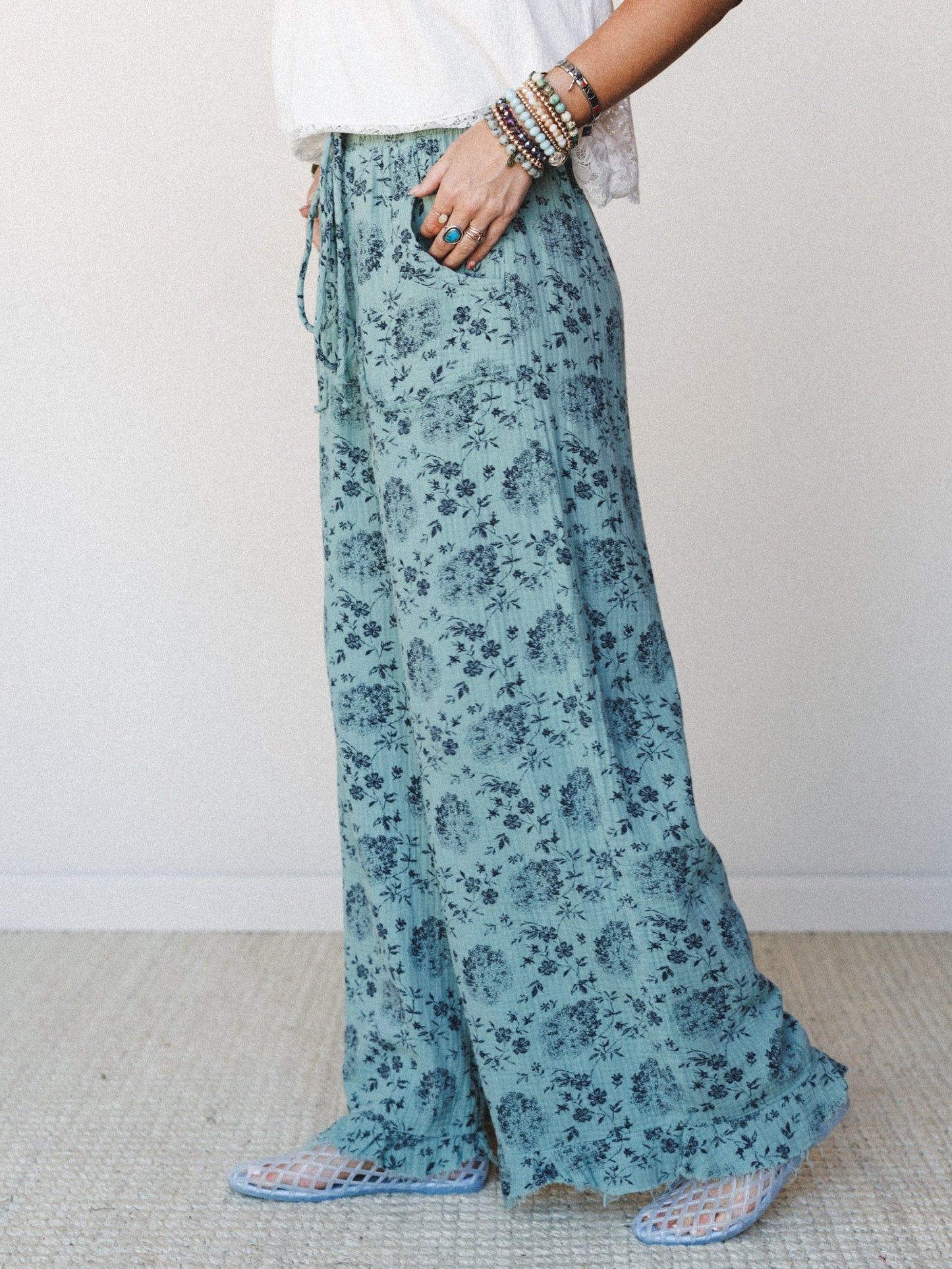 The Nest Sandra Wide Leg Ruffle Pant - Turquoise