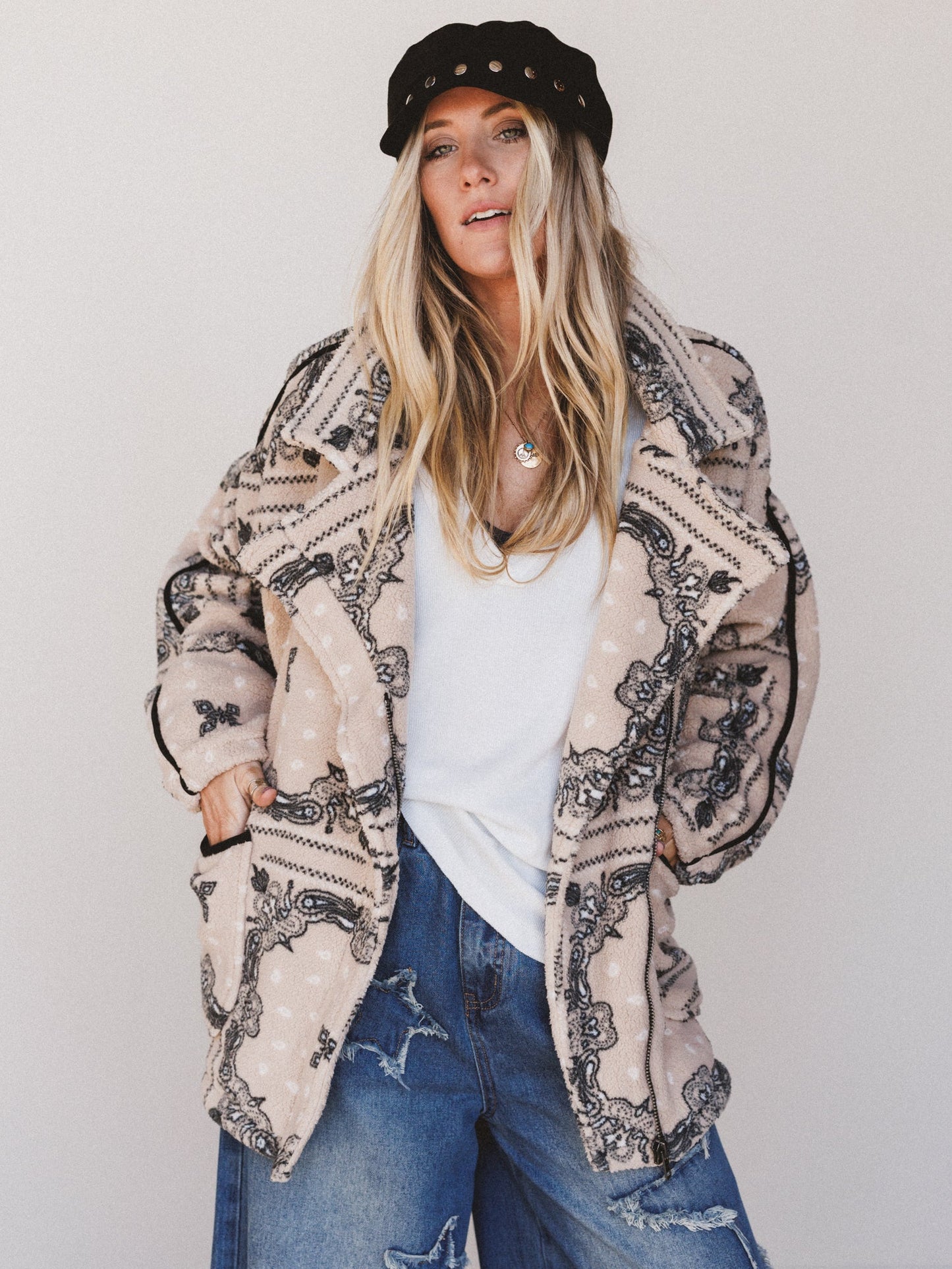 Charmed Affair Printed Fleece Jacket - Sand