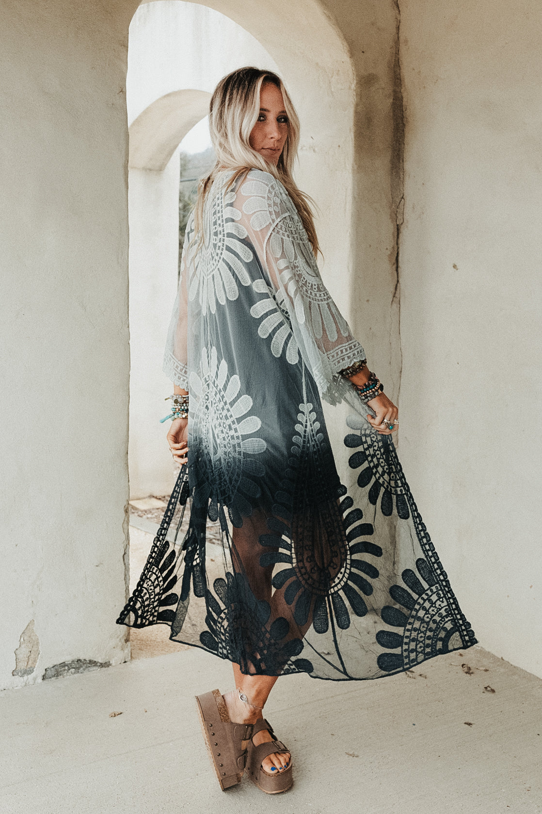 Poolside Ombre Lace Kimono - Black
