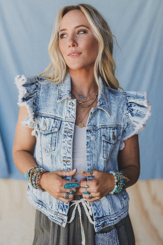 Ruffle And Roam Denim Jacket - Light Wash