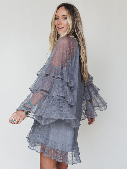 Rana Bell Lace Sleeve Dress - Grey