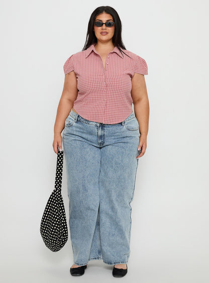 Float Away Button Up Top Red Check Curve