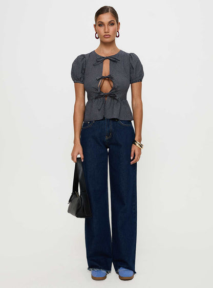 Verah Tie Up Puff Sleeve Top Navy Check