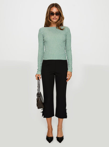 Every Second Boat Neck Long Sleeve Top Green Check