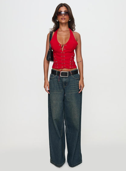 Come See Me Tie Up Halter Top Red