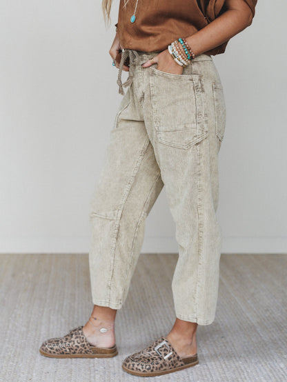 Fall Feeling Corduroy Barrel Pants - Olive Taupe