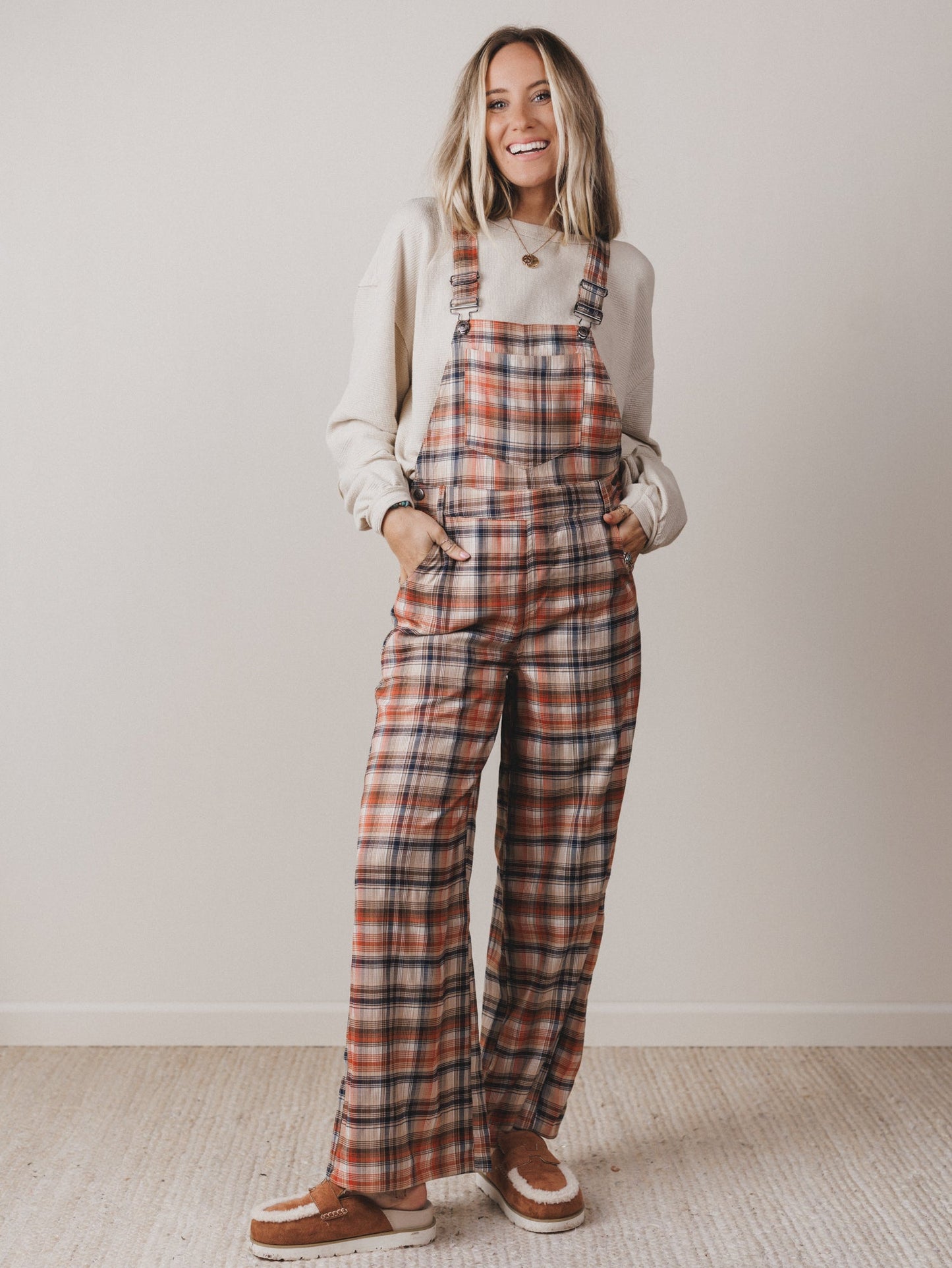 Perfectly Plaid Overalls - Latte