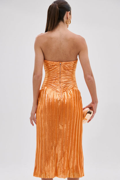 ALL ABOUT ME SATIN BUBBLE MIDI DRESS IN ORANGE