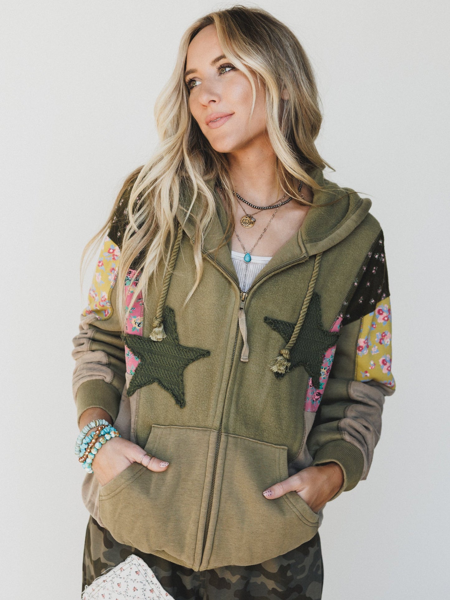 Stars on the Double Zip Up Hoodie - Faded Olive
