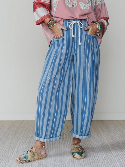 Right Step Striped Pants  - Light Denim