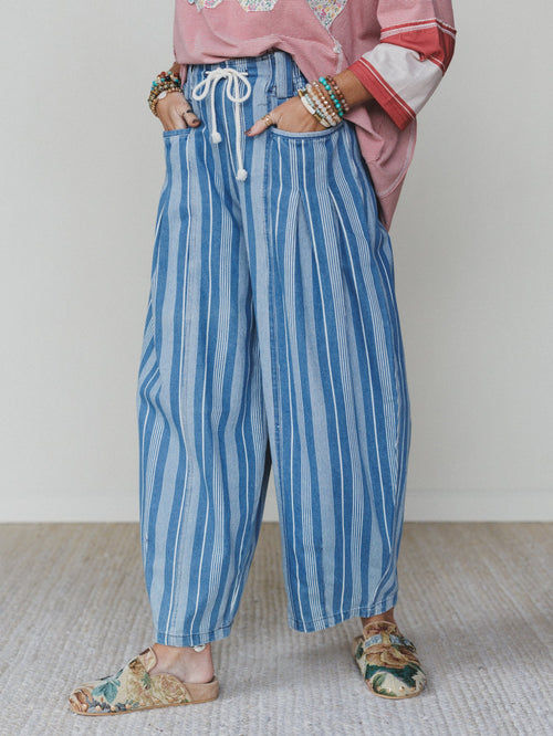 Right Step Striped Pants  - Light Denim