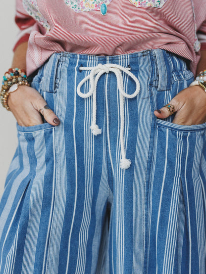 Right Step Striped Pants  - Light Denim