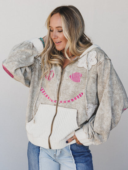Emblems Of Love Zip Up Hoodie - Dusty Coco