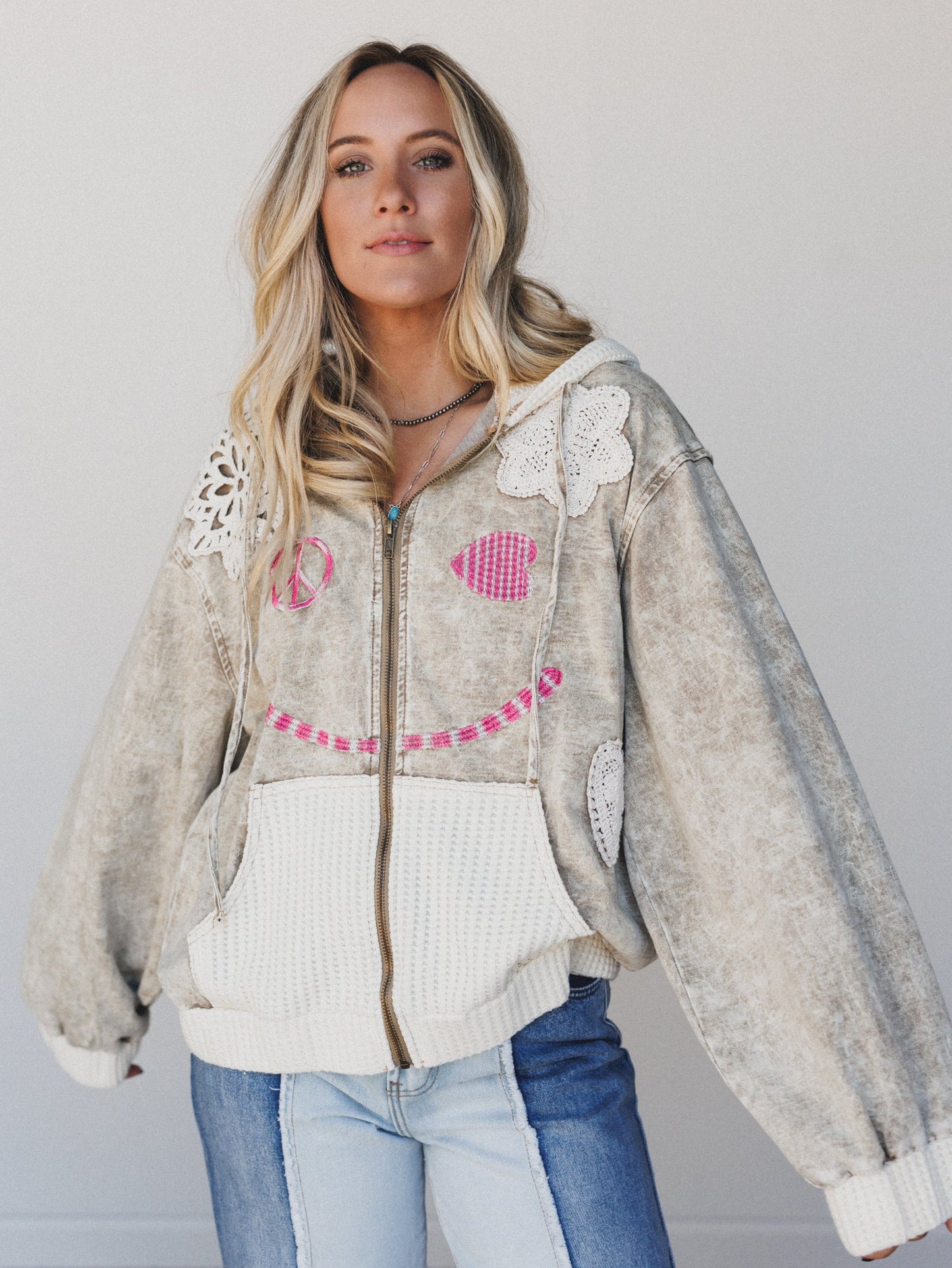 Emblems Of Love Zip Up Hoodie - Dusty Coco