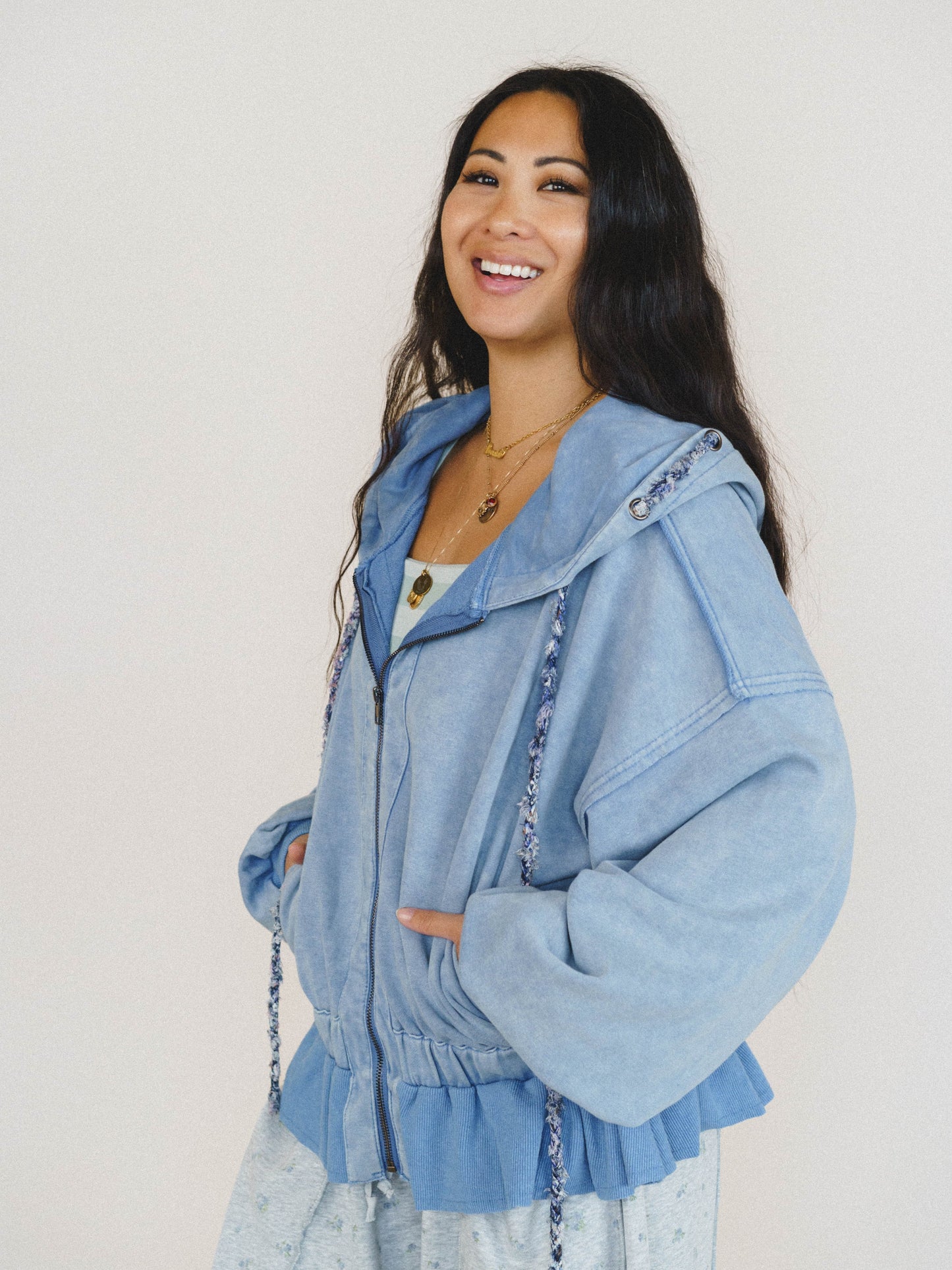 Wistful In Ruffles Zip Up Hooded Jacket - Blue