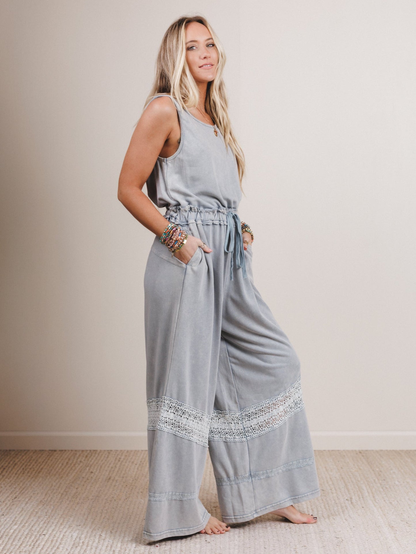 Country Sunshine Crochet Wide Leg Jumpsuit - Blue
