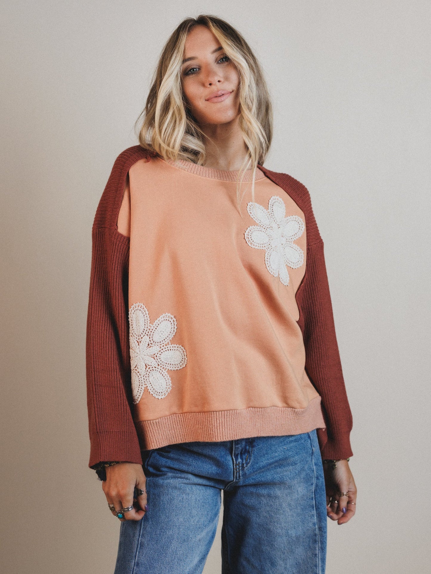Floral Stitch Color Block Top - Peach