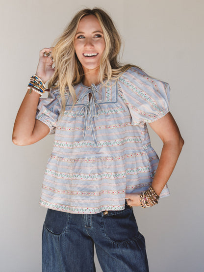 Vintage Lily Balloon Sleeve Blouse - Light Blue