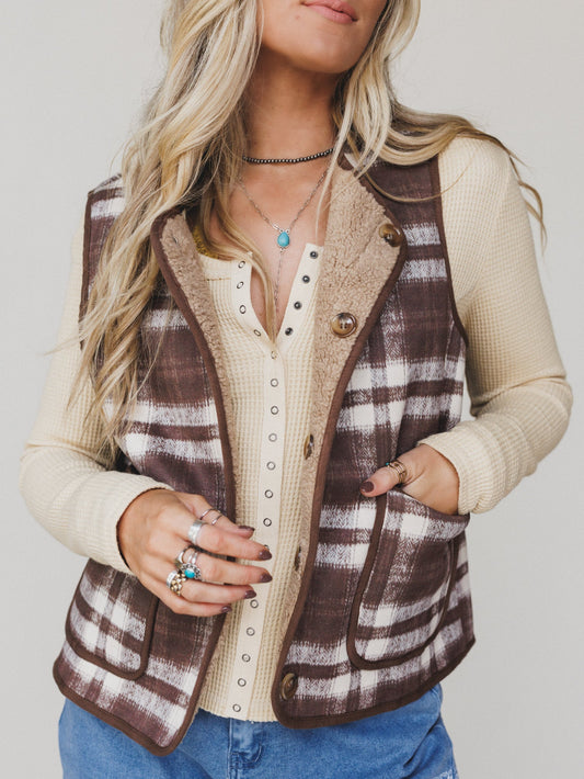 Driftwood Plaid Reversible Vest - Mocha