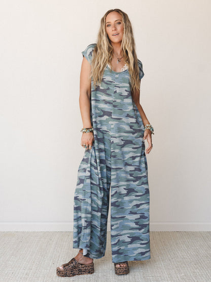 The Nest Daphne Scoop Neck Jumpsuit - Army Green Charcoal Camo