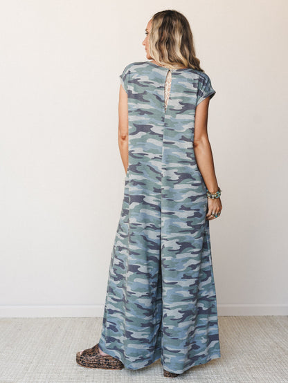 The Nest Daphne Scoop Neck Jumpsuit - Army Green Charcoal Camo