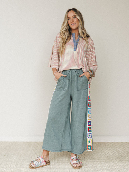 The Nest Love Seeker Crochet Panel Pants - Olive