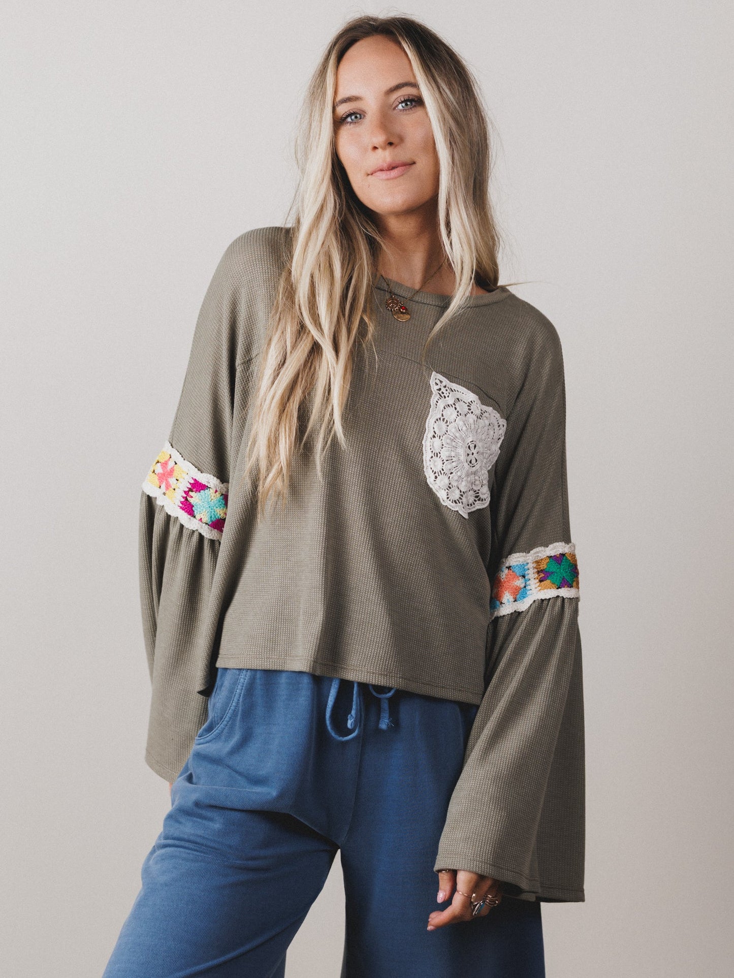 The Nest Groovy Crochet Patchwork Top - Olive