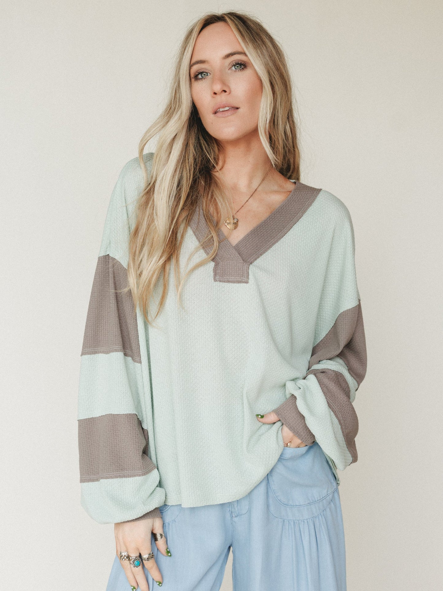The Nest Elena Long Sleeve Top - Green Ash Mocha