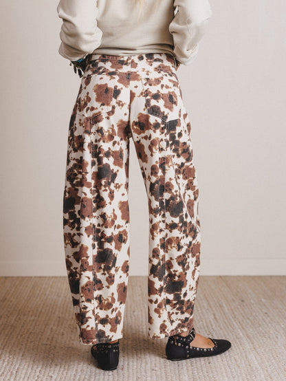 Belle Cow Print Barrel Jeans - Brown