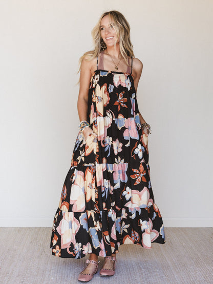 Mirra Floral Tiered Maxi Dress - Black