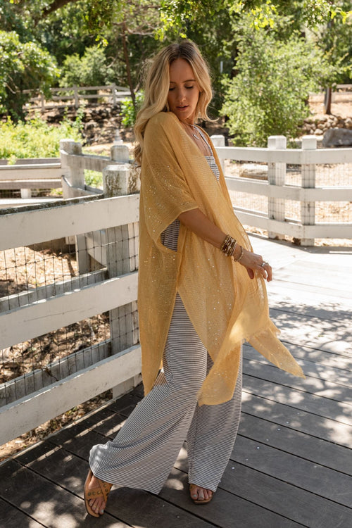 Mikka Sequin Frayed Trim Kimono - Mustard