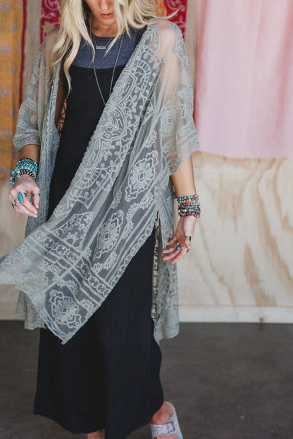 Go Wildflower Floral Embroidered Kimono - Sage