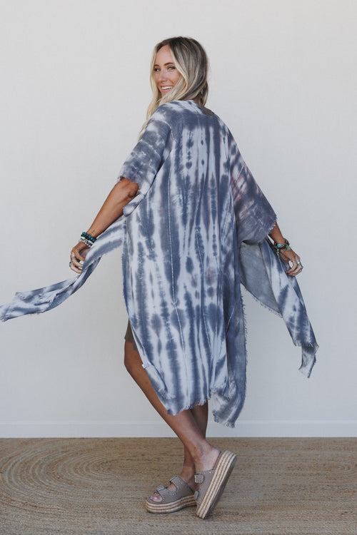 Demi Tie Dye Frayed Hem Kimono - Black