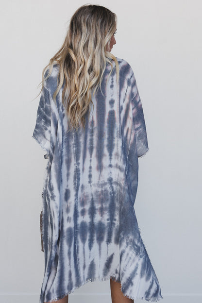 Demi Tie Dye Frayed Hem Kimono - Black