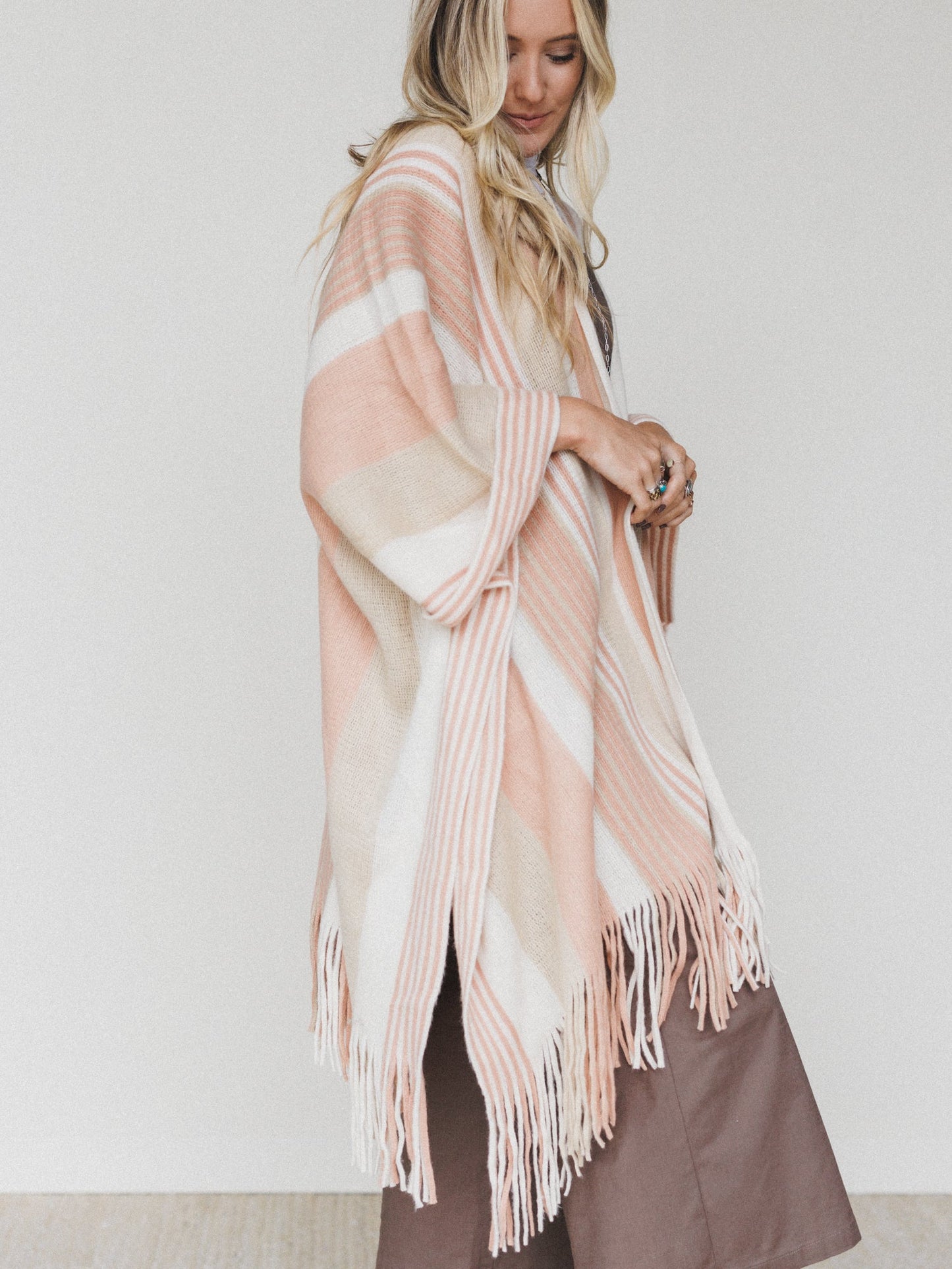 Sweet Love Striped Ruana Shawl - Beige