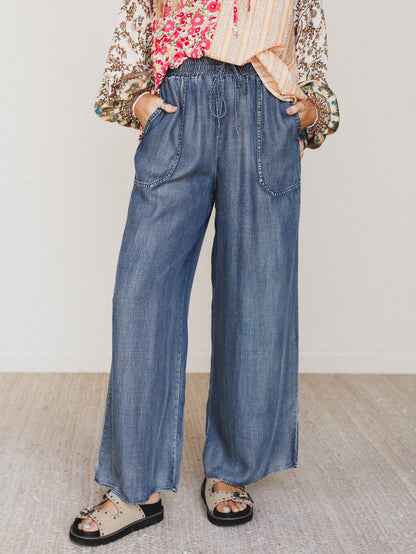 Casual Step Wide Leg Pants  - Dark Denim