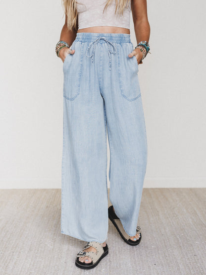 Casual Step Wide Leg Pants  - Light Denim