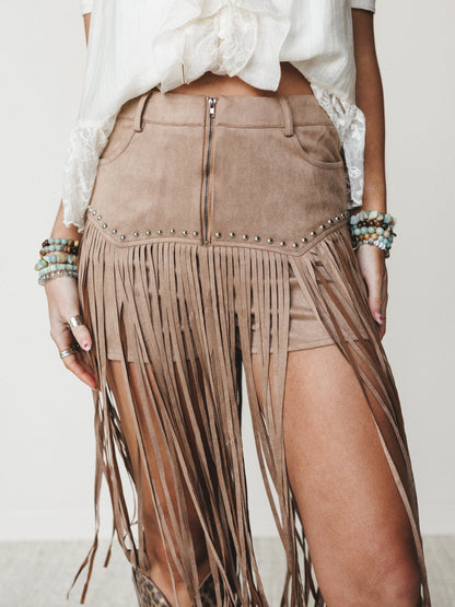 Here for a Good Time Fringe Shorts - Tan