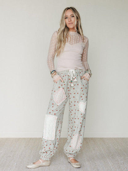 Nora Patchwork Floral Pants - Olive