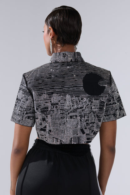 ALL AROUND THE WORLD BUTTON DOWN TOP IN BLACK