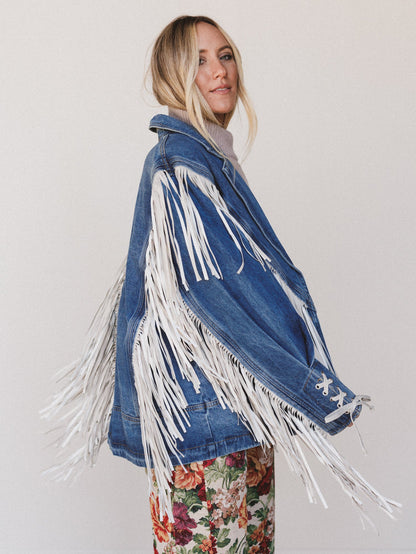 Statement Fringe Denim Jacket - Medium Wash