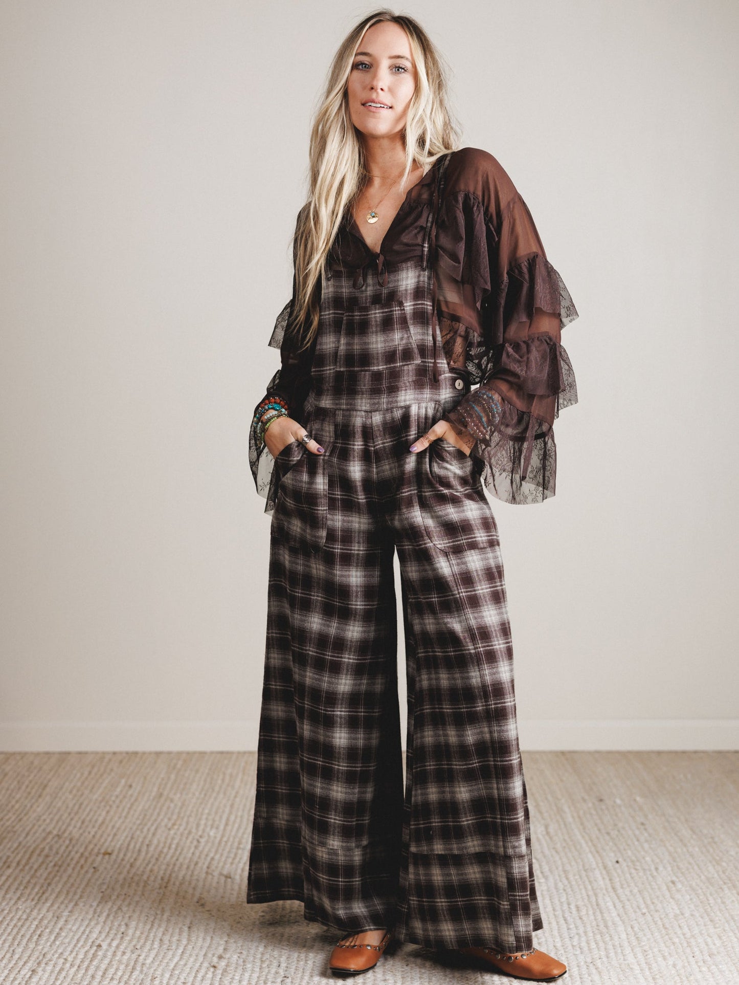 Favorite Flannel Wide Leg Overalls - Chocolate
