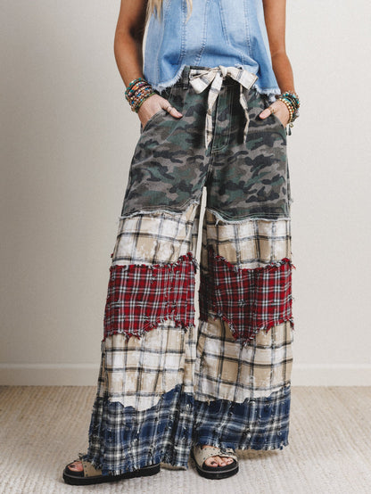 Camo Meets Plaid Wide Leg Pants - Camo Multi