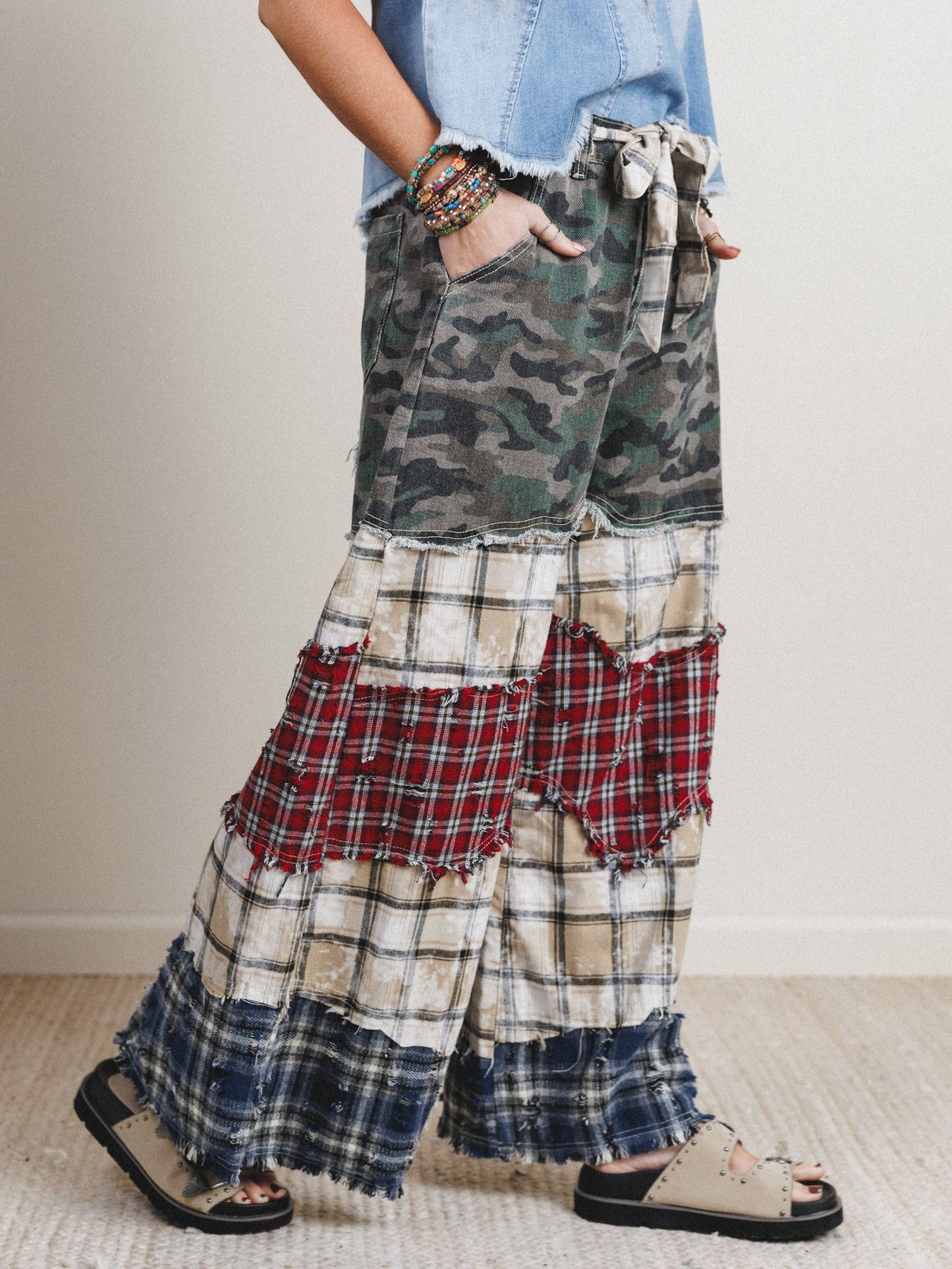Camo Meets Plaid Wide Leg Pants - Camo Multi