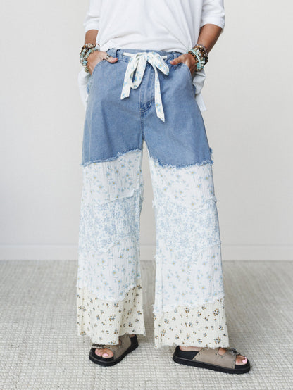 Camo Meets Plaid Wide Leg Pants - Light Denim Multi