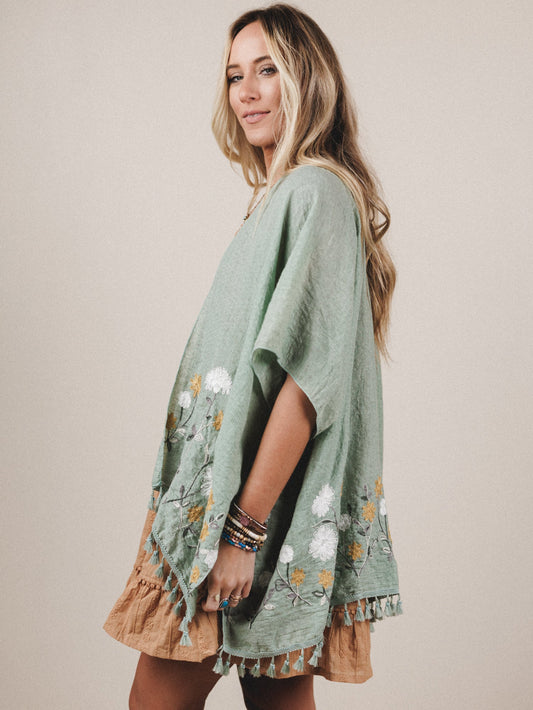Secret Meadow Embroidered Kimono - Sage