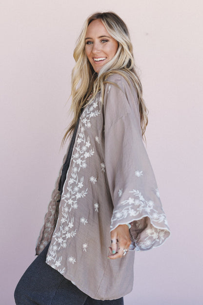 Flower Crowns Embroidered Kimono - Mocha