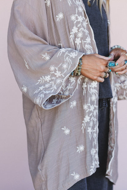 Flower Crowns Embroidered Kimono - Mocha