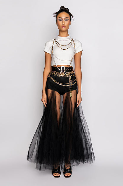 ALL IN ONE PEARL CHAIN DETAIL RIBBED MOCK NECK CROP TOP